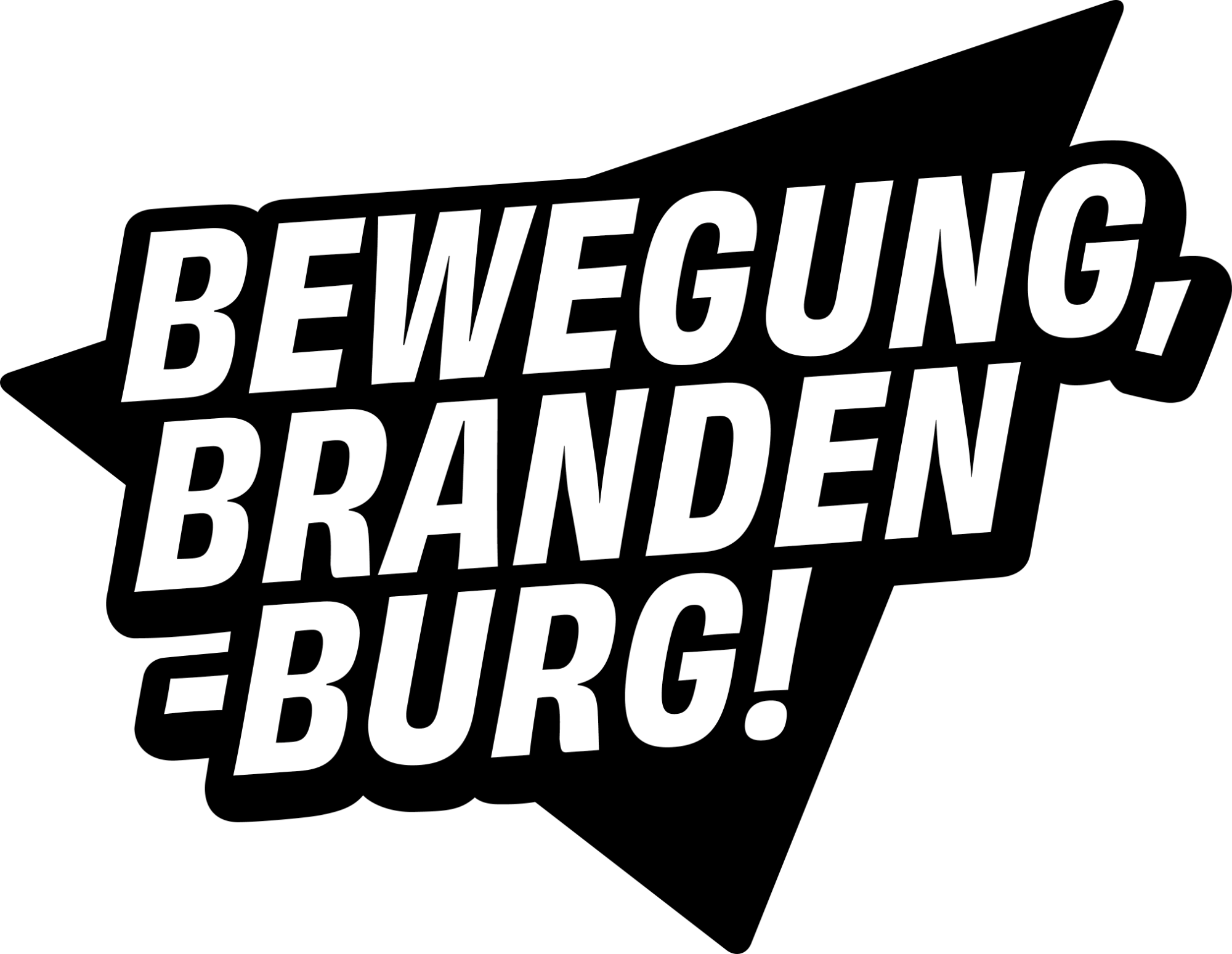 weißer Text "BEWEGUNG, BRANDEN-BURG!" auf schwarzem, dreieckigen Hintergrund in schräger Anordnung